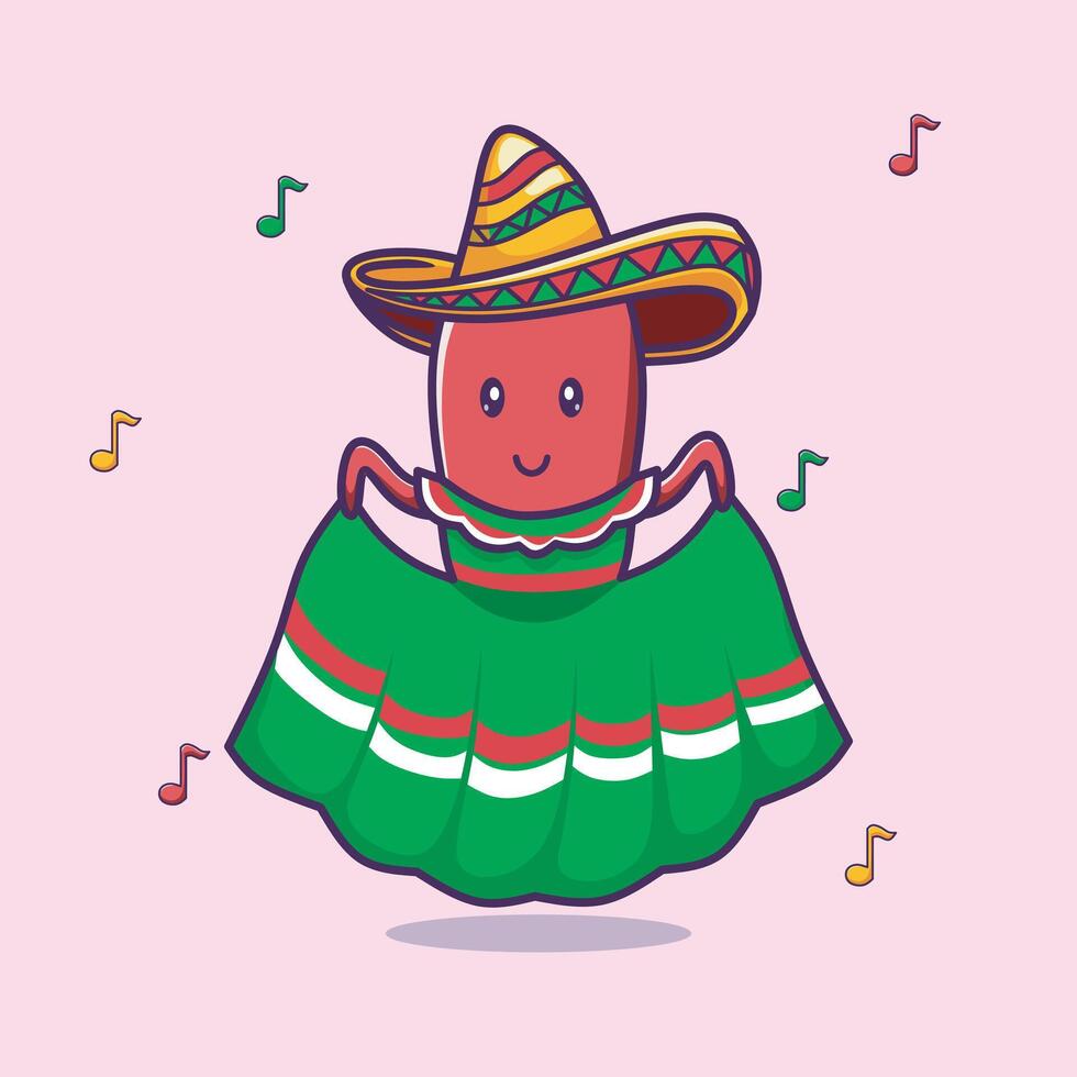 Cute red chili pepper dancing while wearing Mexican dress and sombrero hat. vector