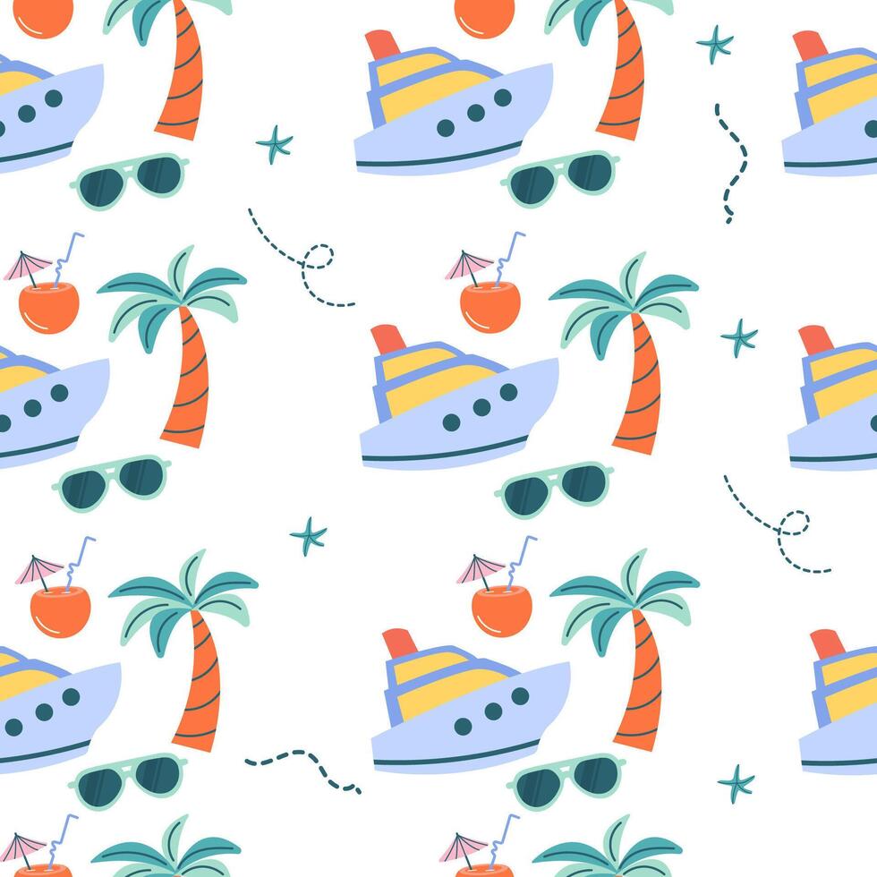 Seamless travel pattern with palm, cruise ship, sunglasses vector