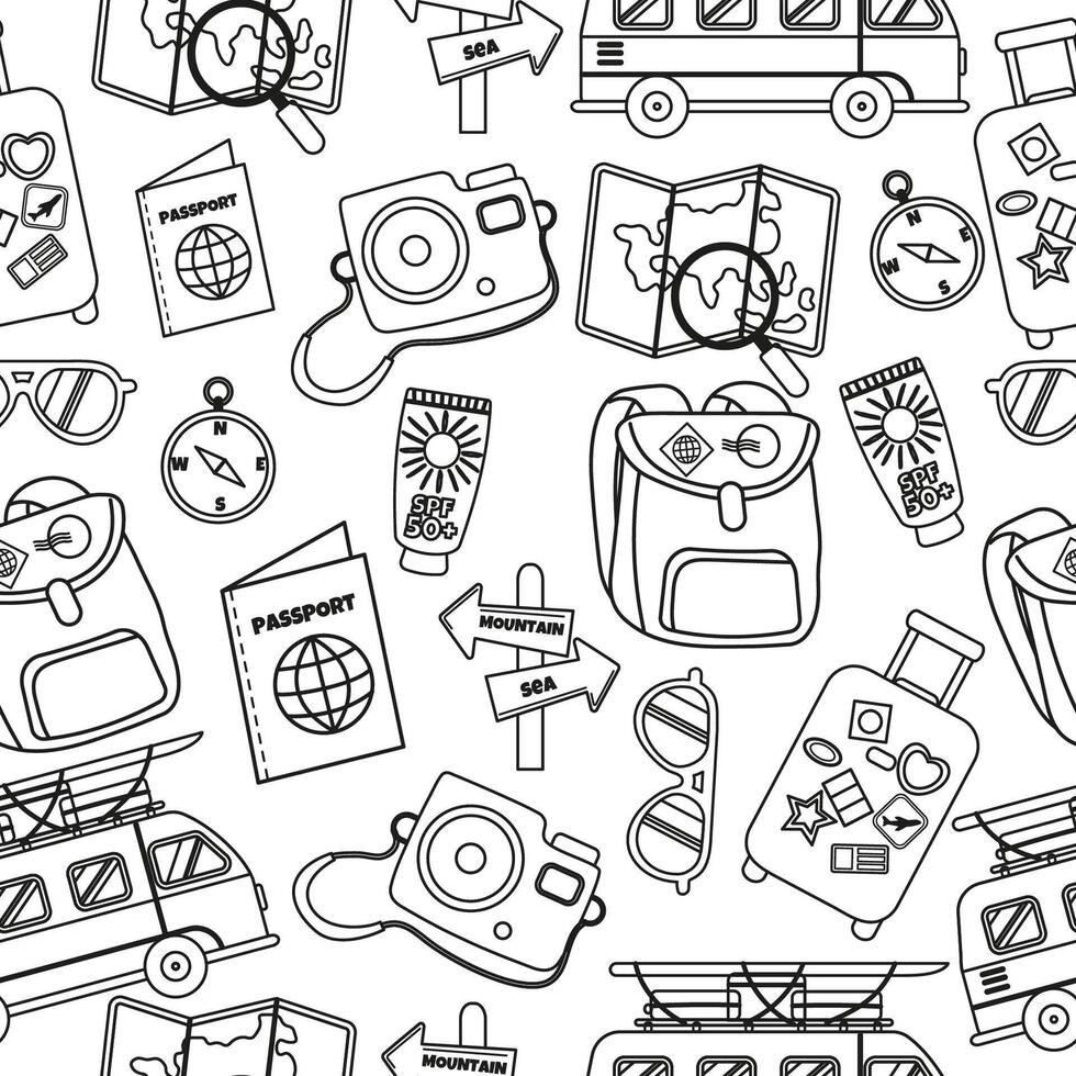 Seamless outline travel pattern doodle vector