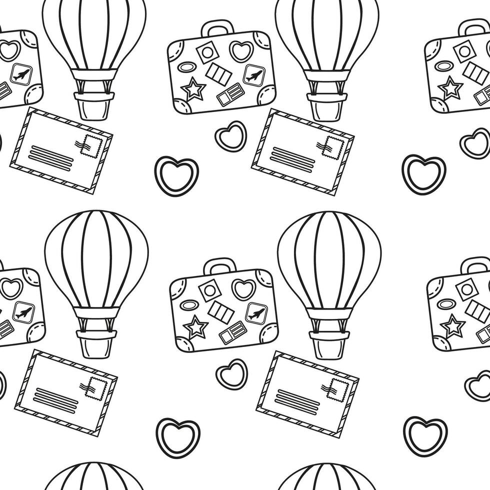 Seamless outline travel pattern with balloon, ticket, suitcase vector