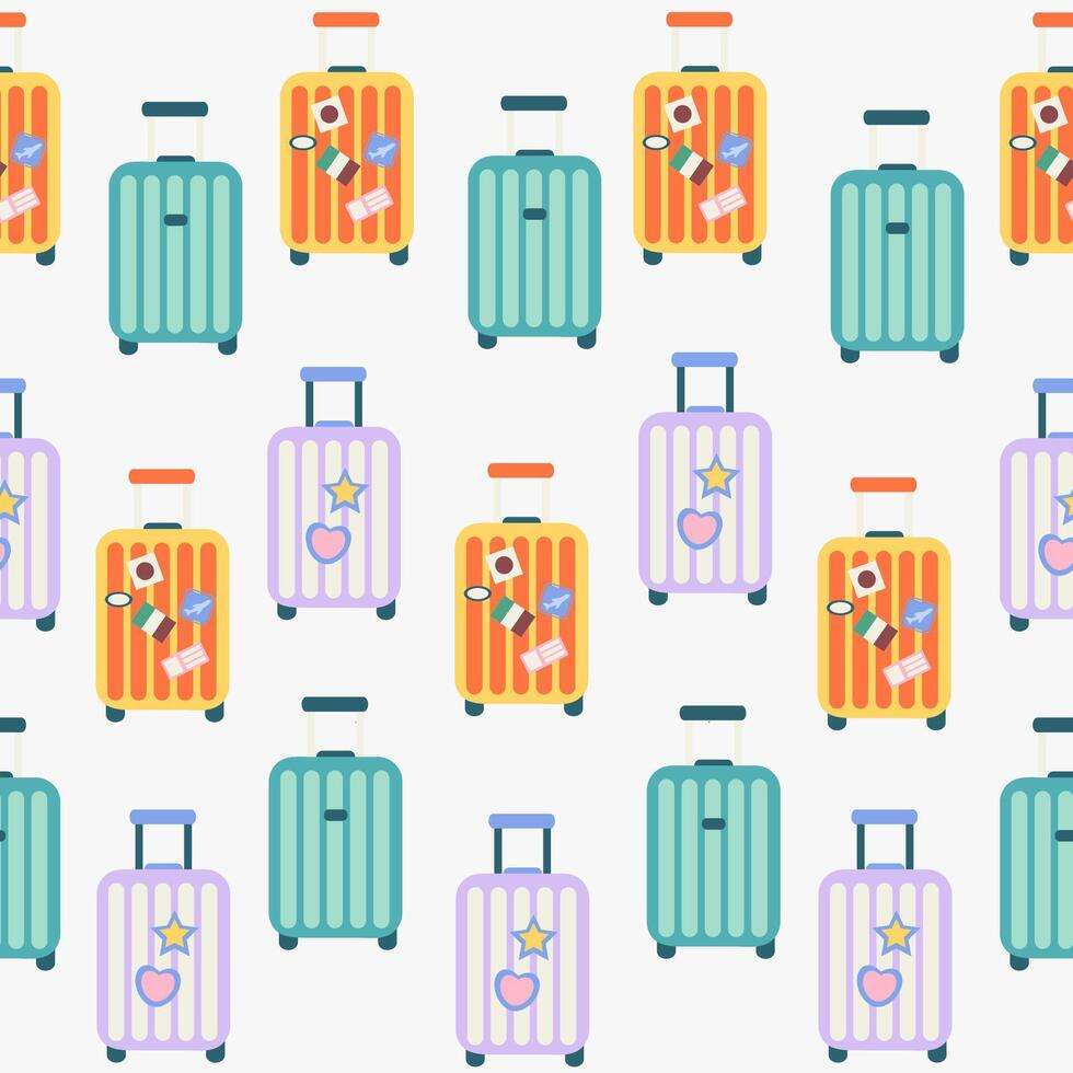 Seamless pattern of travel suitcase on wheels in flat style vector