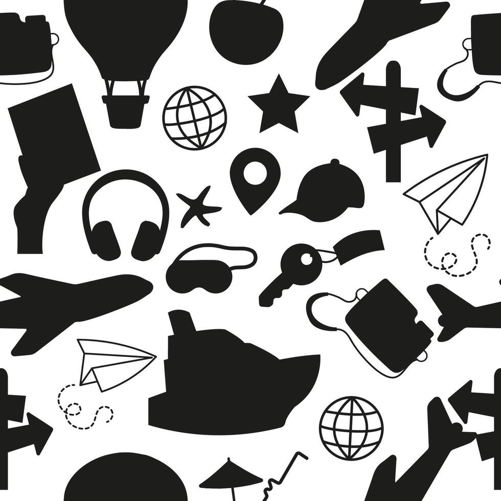Seamless silhouette travel pattern with hand drawn elements vector