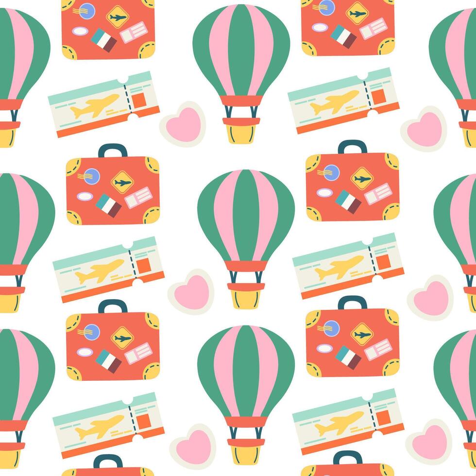 Seamless travel pattern with balloon, ticket, suitcase vector