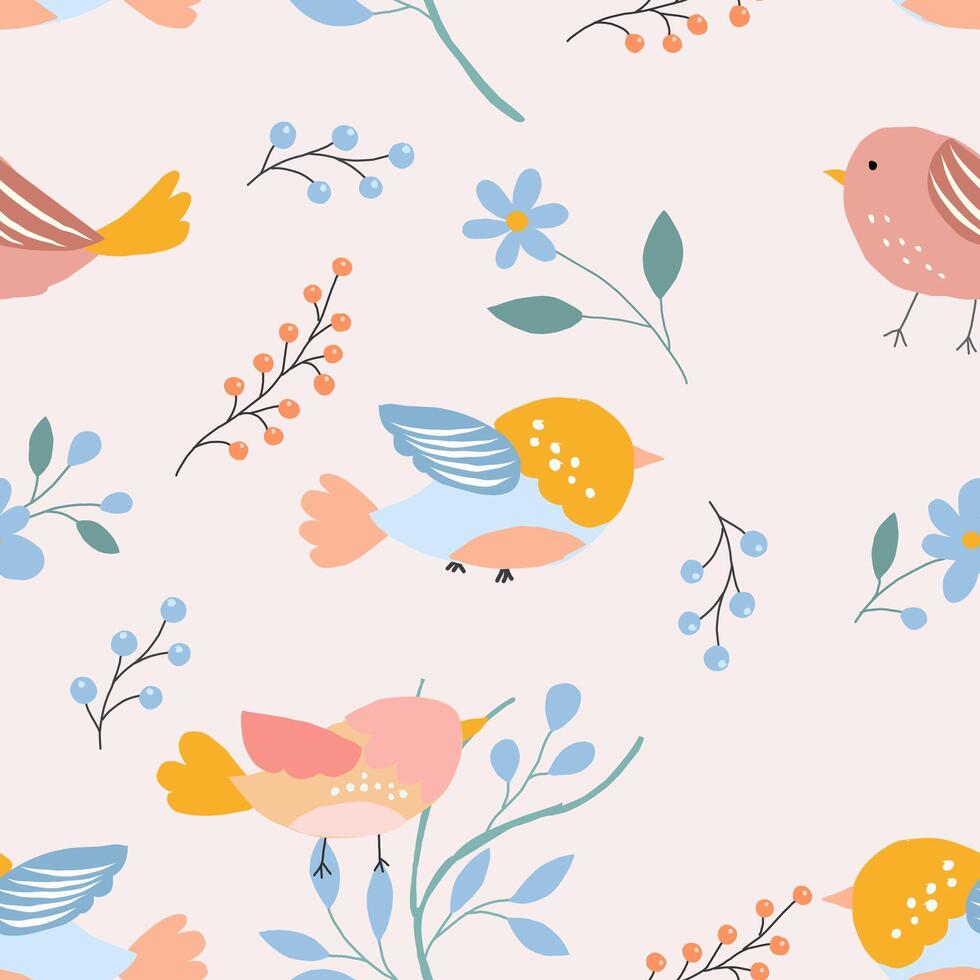Cute Birds and Flower Seamless Pattern vector