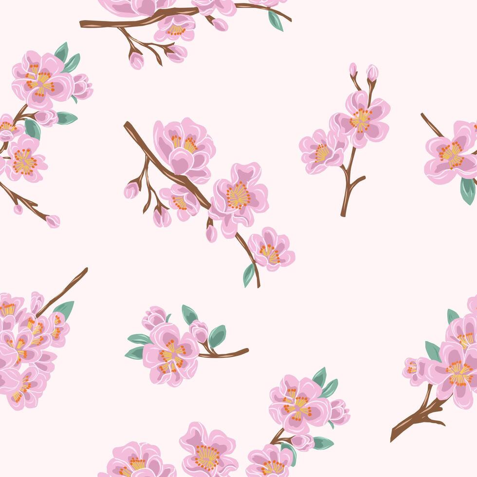 Hand Drawn Pink Cherry Blossom Seamless Pattern vector