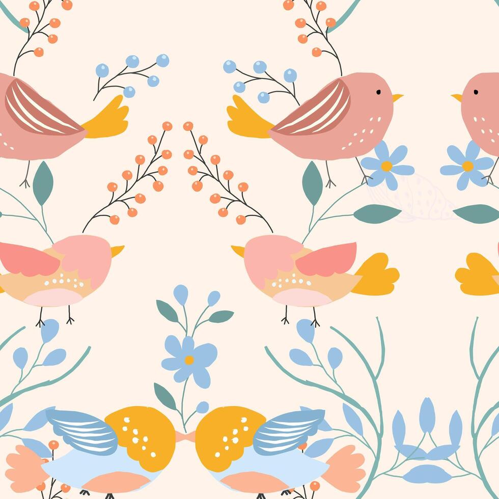 Cute Birds and Floral Seamless Pattern vector