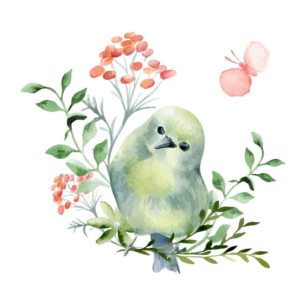Bird round body green yellow colors and floral elements hand drawn watercolor. Pink butterfly, birdie and simple flowers in botanical sketch. Greenfinch, leafbird painted for cute avian illustration vector