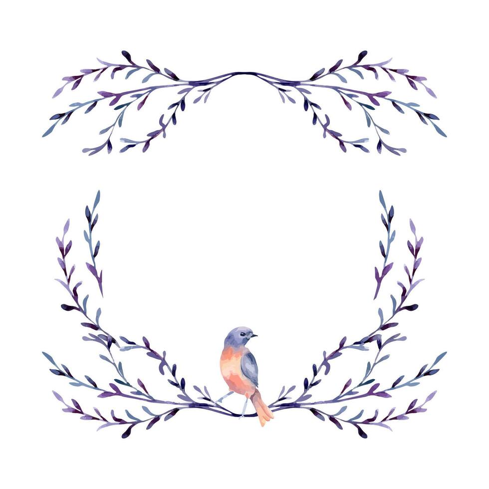 Bird pastel colors orange, purple blue and branches in watercolor frame isolated. Bluebird with floral arrangement in botanical sketch on wreath. Swallow on twig illustration hand drawn for greeting vector