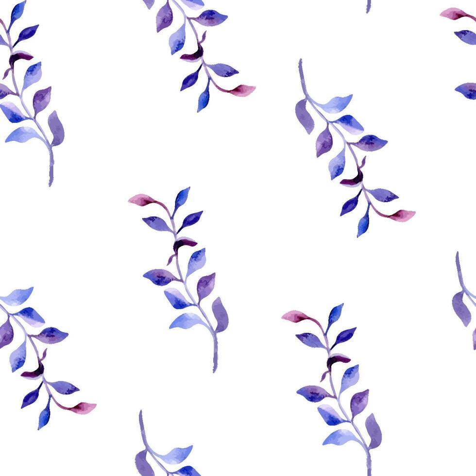 Purple leaves on branches watercolor seamless pattern isolated. Blue pink plants on repeating background. Abstract colorful twigs and leaf hand drawn. Floral elements for design textile, package vector