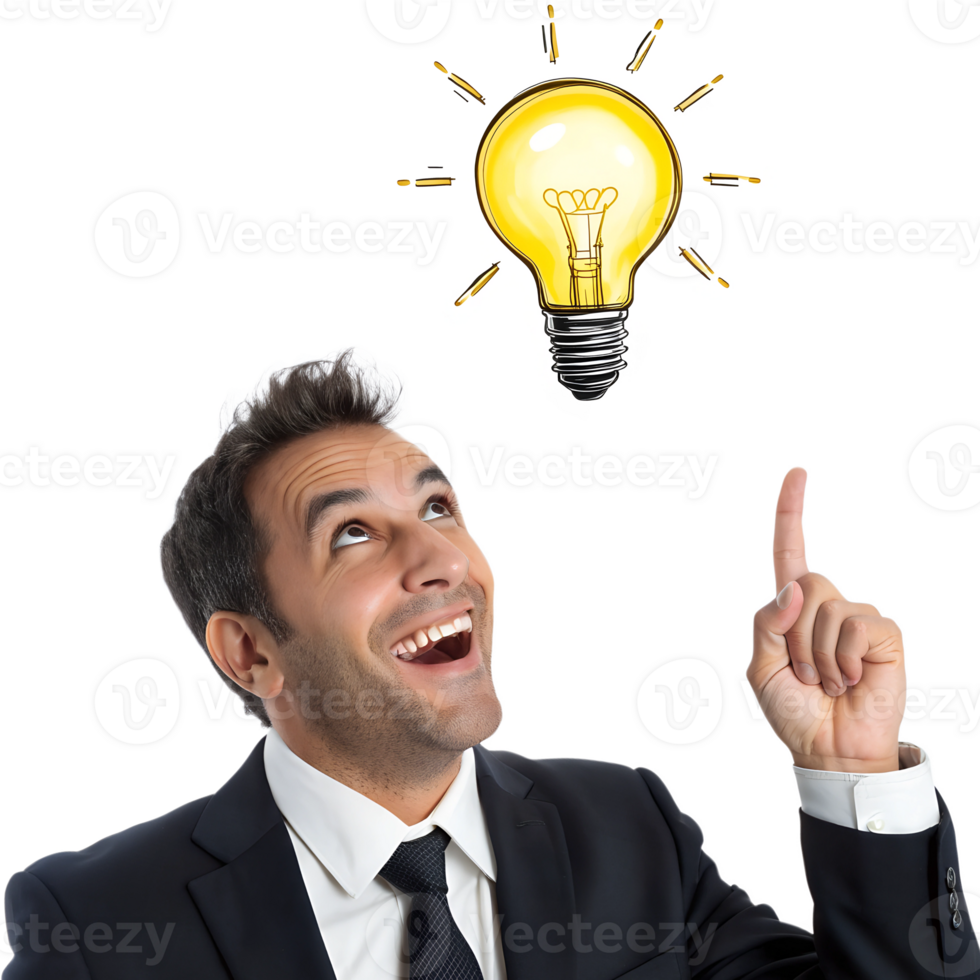 Businessman gets an Idea, Pointing to Light bulb, expressing excitement and inspiration. png