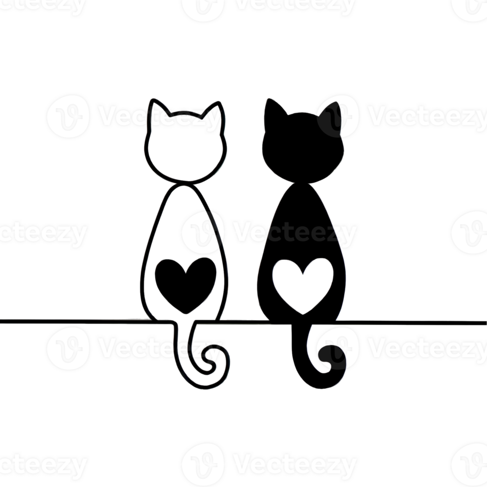 Two cats sit side by side, one with a white outline and the other in black, featuring heart shapes on their bodies cutouts png
