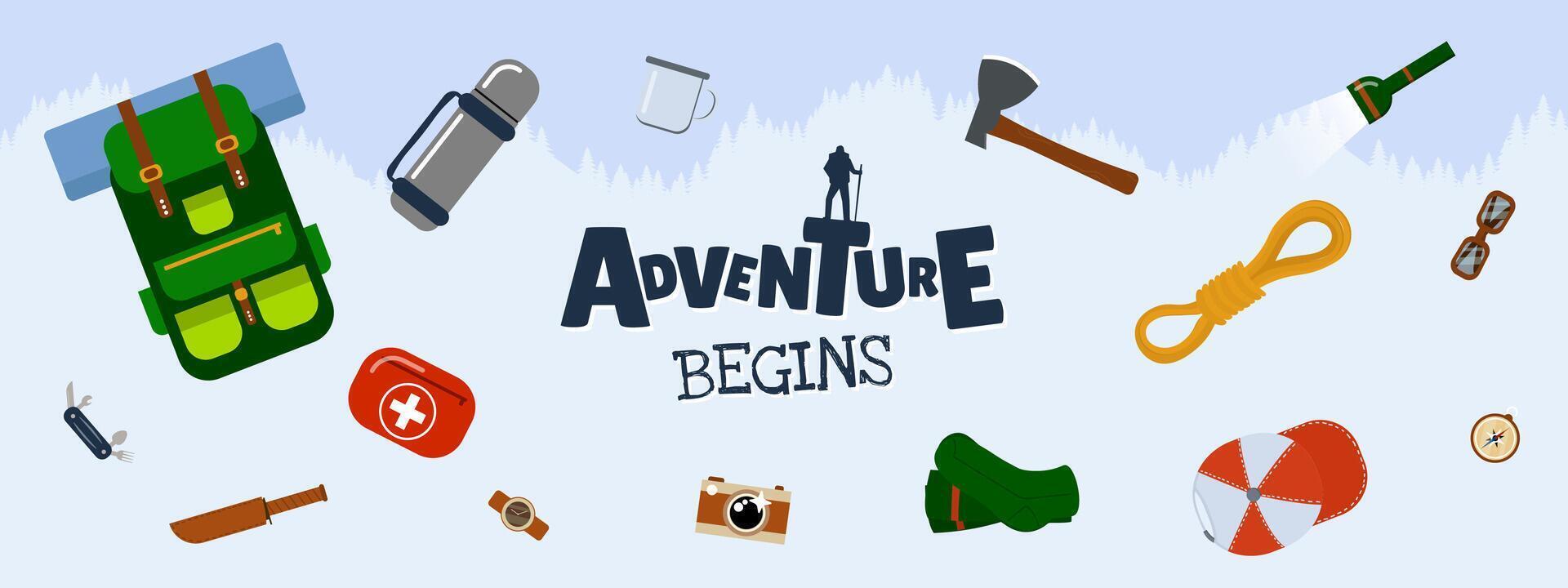 Vibrant set featuring essential hiking and camping gear. Including backpack, compass, flashlight and survival tools. Designed in modern trendy style. Perfect for adventure and outdoor exploration. Eps vector