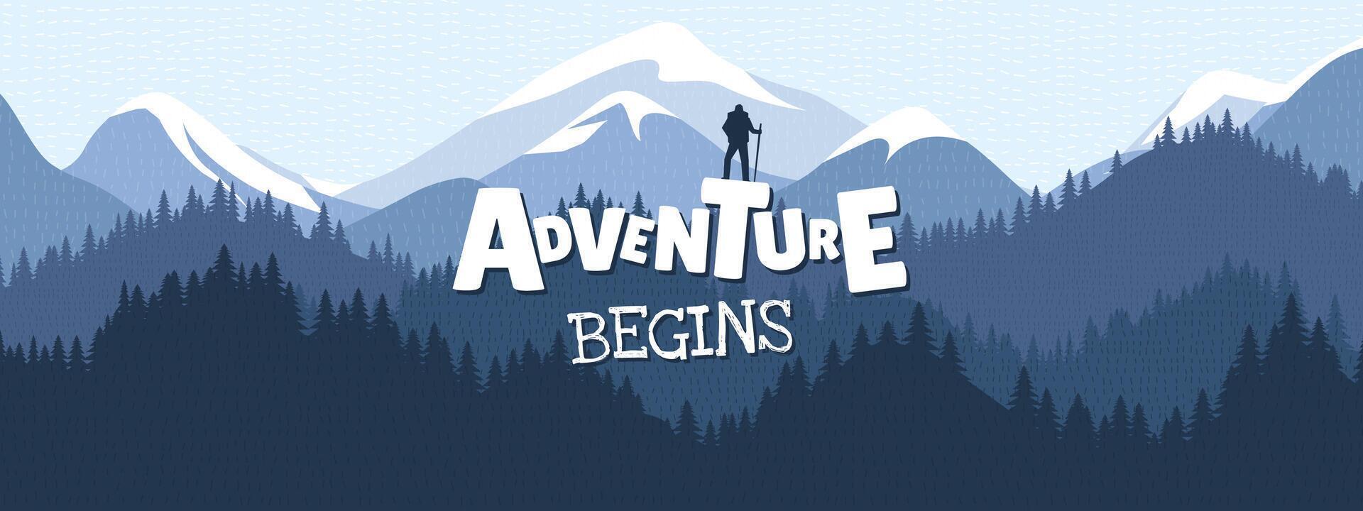 Vibrant artwork of hiker scaling towering peak. Bold typography and modern layout. Showcasing adventure, exploration and thrill of outdoor freedom in dynamic composition. Horizontal flyer vector