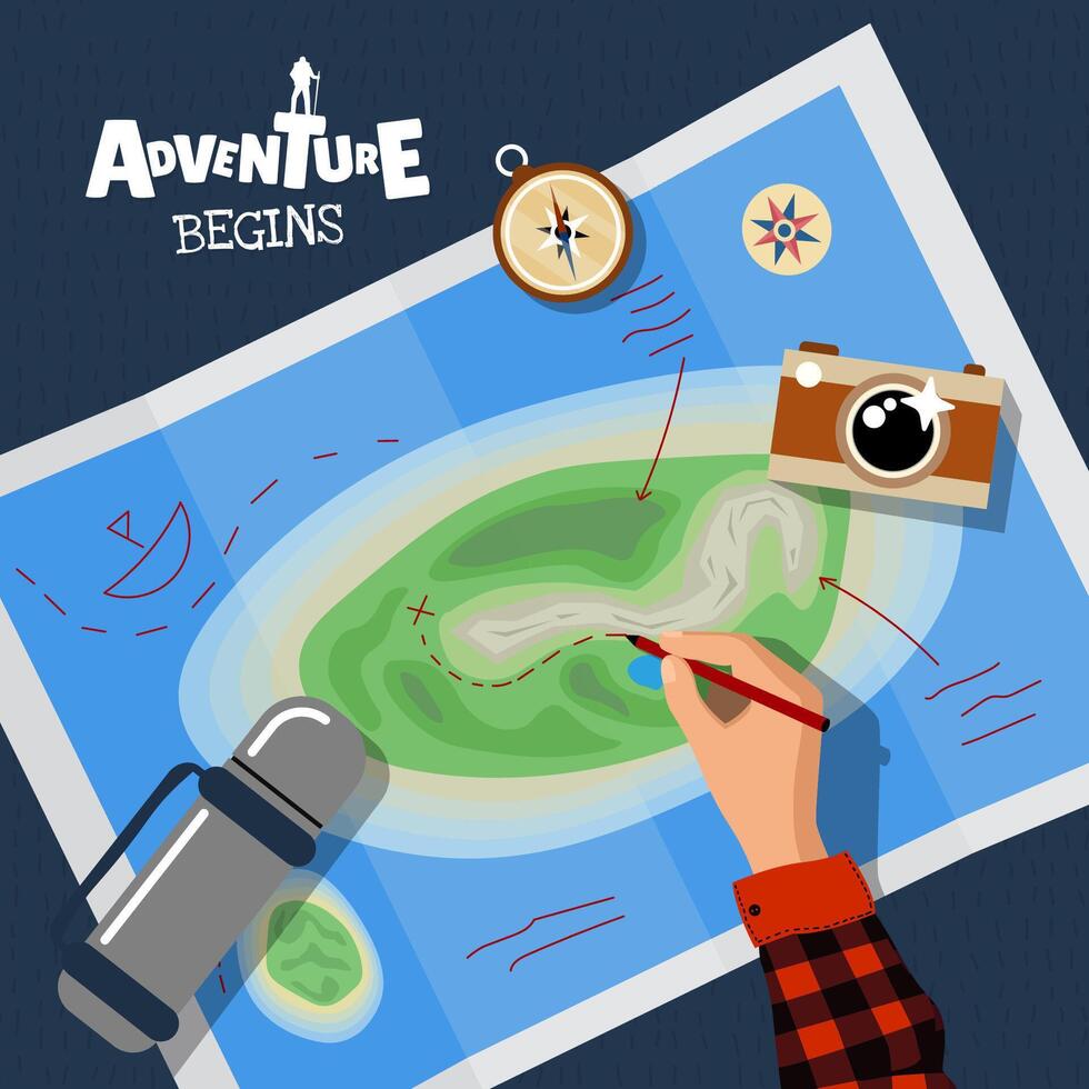Tourist planning hiking route with map and compass. Mountain and forest evoke adventure and exploration. Perfect for travel, trekking and navigation themes. Square banner concept vector