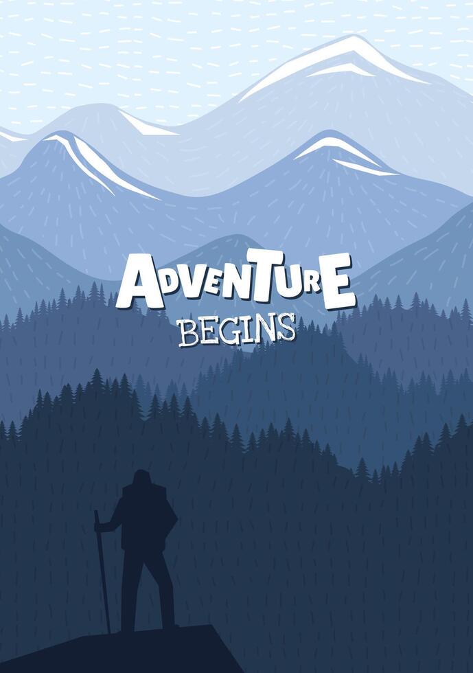 Hiker standing on mountain peak enjoying breathtaking landscape. Vibrant colors create adventurous and free spirited atmosphere. Perfect for travel, trekking or outdoor lifestyle themes. Art placard. vector