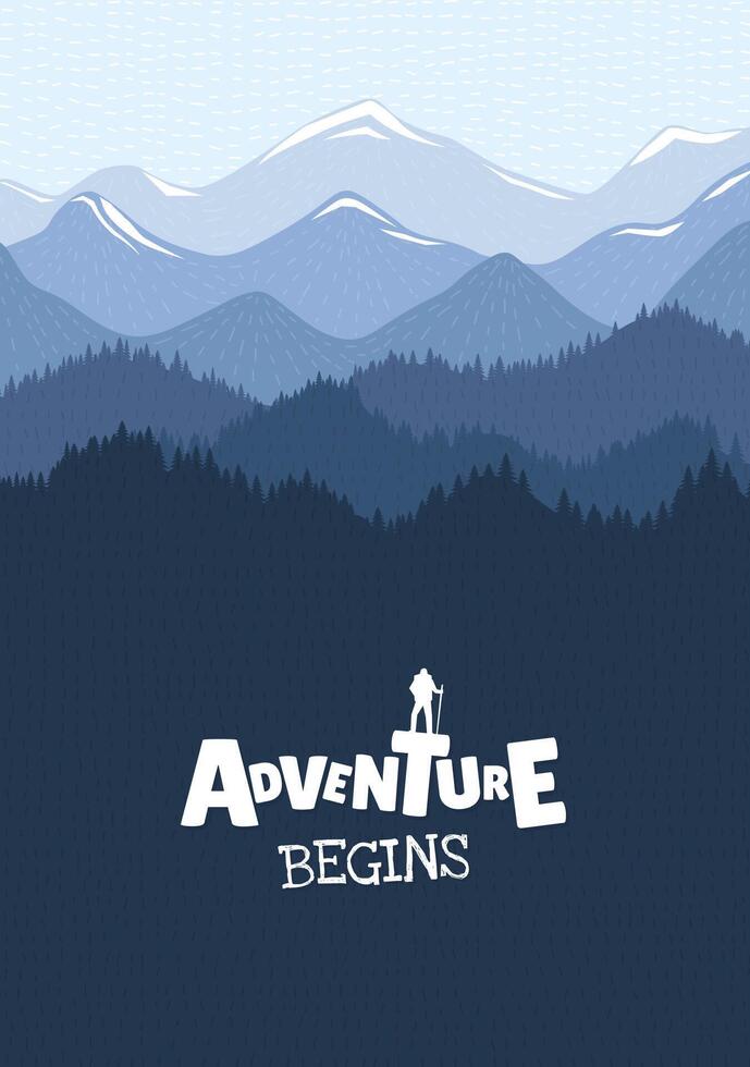 Logo with hiker standing on rocky peak overlooking breathtaking mountain landscape. Adventure and freedom poster. Perfect for travel, trekking and outdoor exploration themes. Creative artwork vector