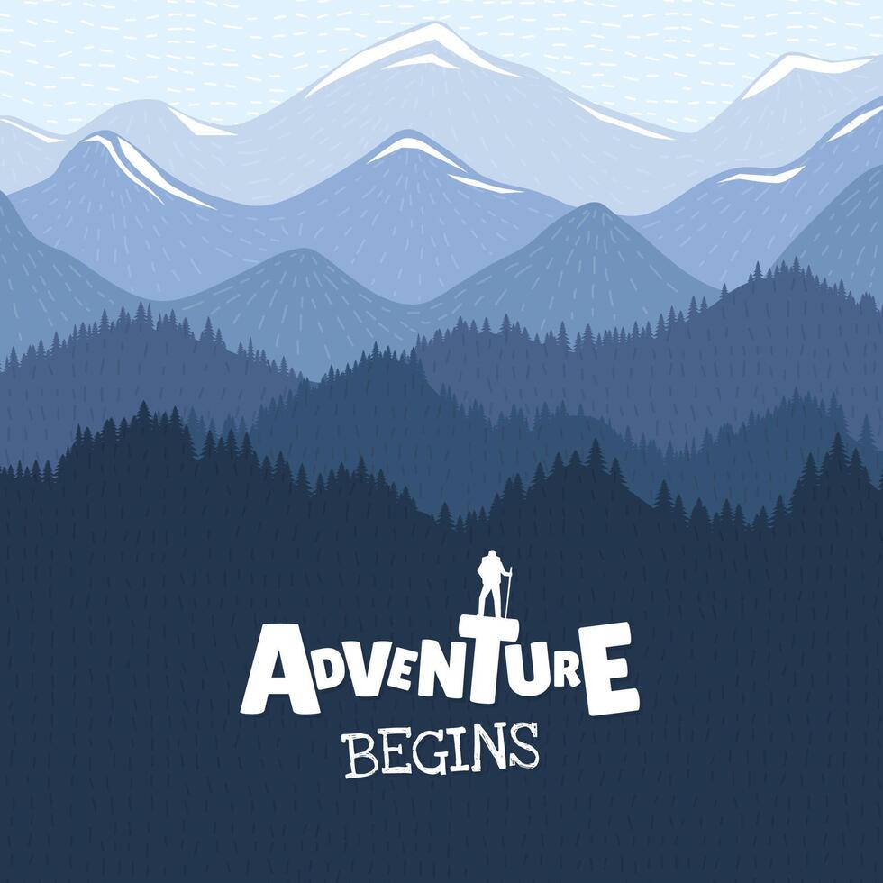 Adventure begins logo with climber reaching mountain peak on square banner. Stunning landscape with rugged foggy cliffs and bright sky. Perfect for travel success, hiking and outdoor lifestyle themes. vector