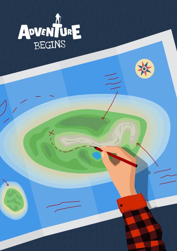 Creative art poster with hiker planning mountain adventure with map and compass. Perfect for trekking, travel and outdoor adventure themes. Spirit of exploration typography print vector