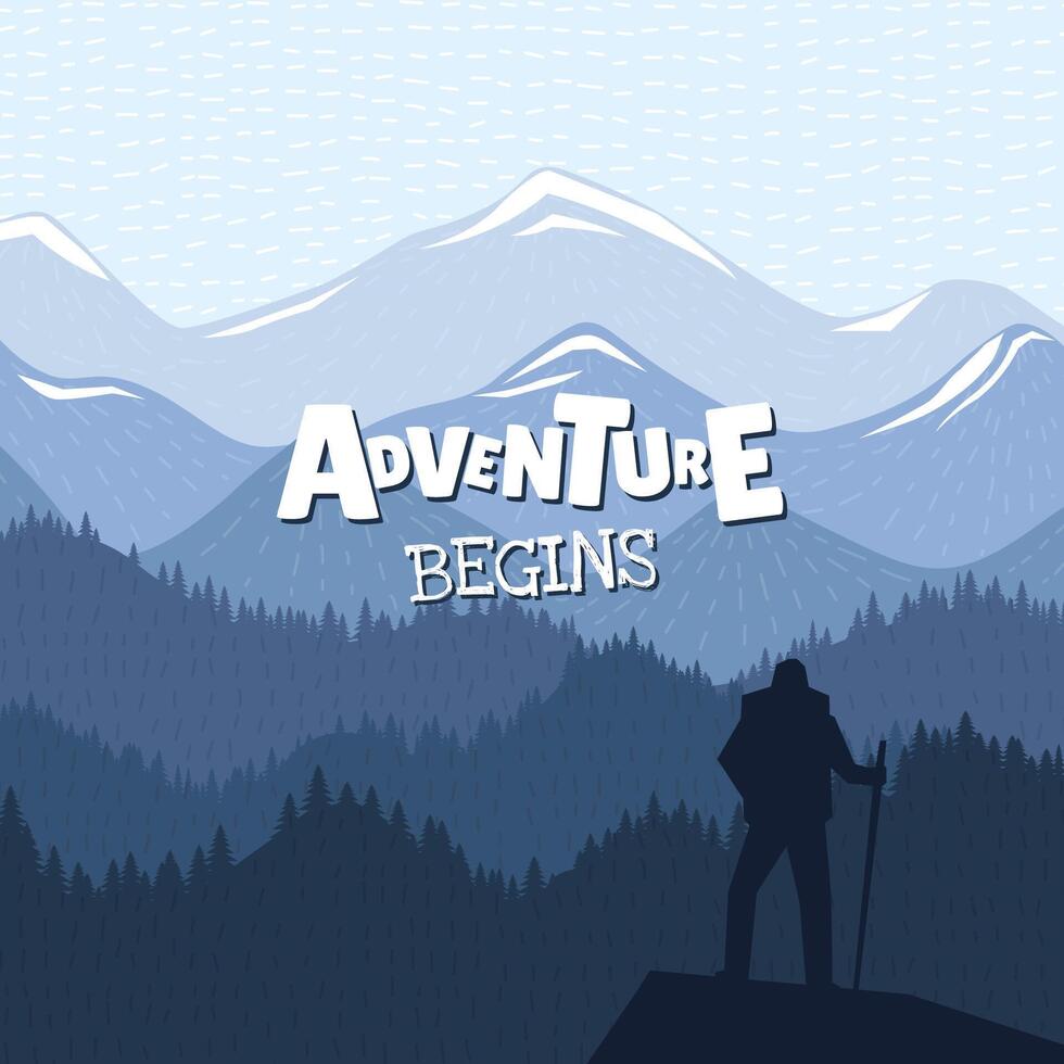 Climber standing atop mountain peak. Stunning landscape with sky and foggy rugged hills. Square banner with adventure begins logo. Hiking and travel themes concept. vector