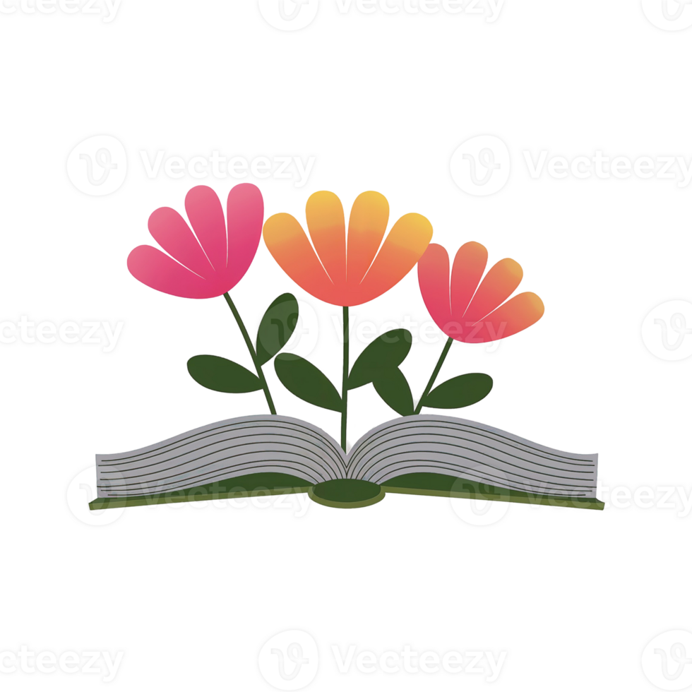 An open book serves as the base from which three vibrant flowers emerge, each petal showcasing a gradient of pink to orang cutouts png