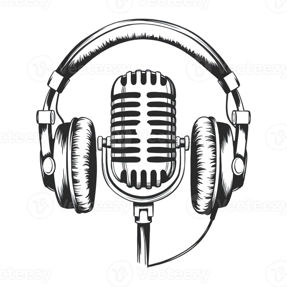 A vintage-style microphone is encircled by large, cushioned headphones cutouts png