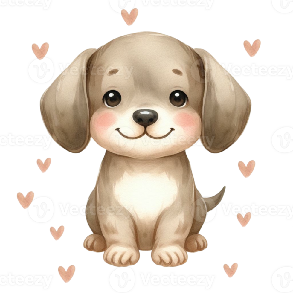 A cute, smiling cartoon puppy sits surrounded by small heart shapes cutouts png