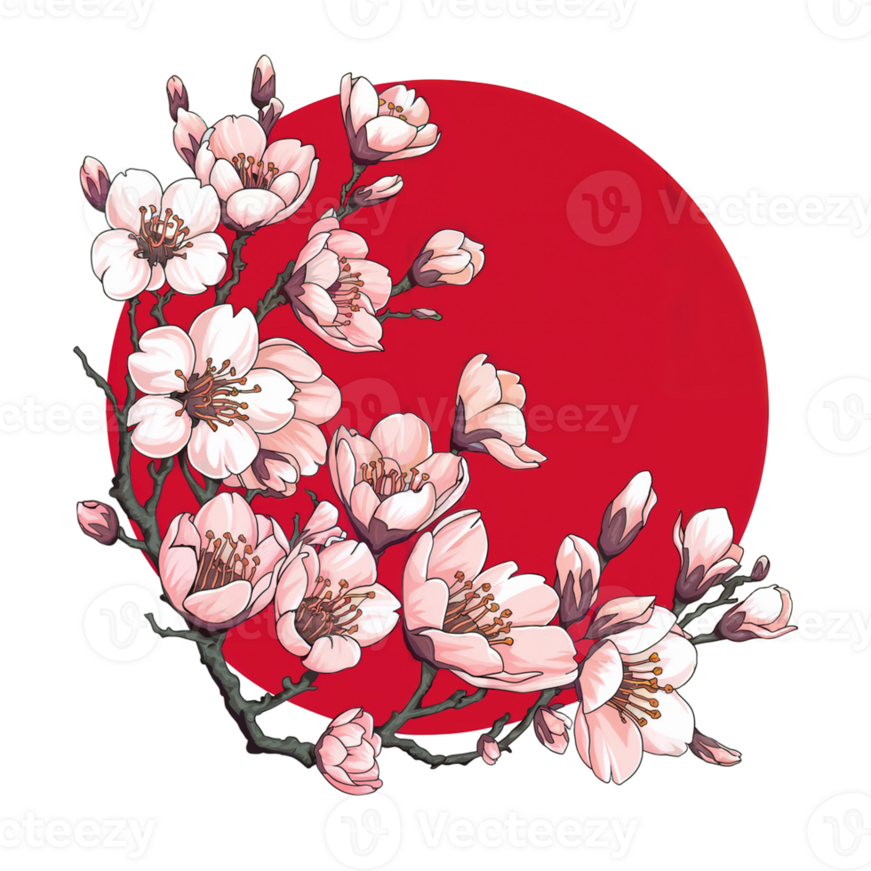 Cherry blossoms gracefully extend across a bold red circle cutouts png
