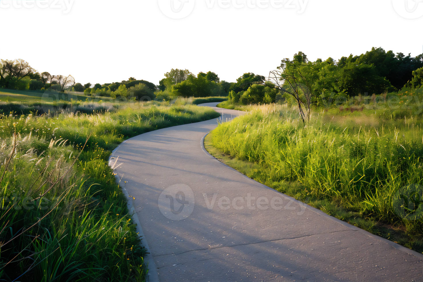 A paved path in a grassy field with trees and bushes png