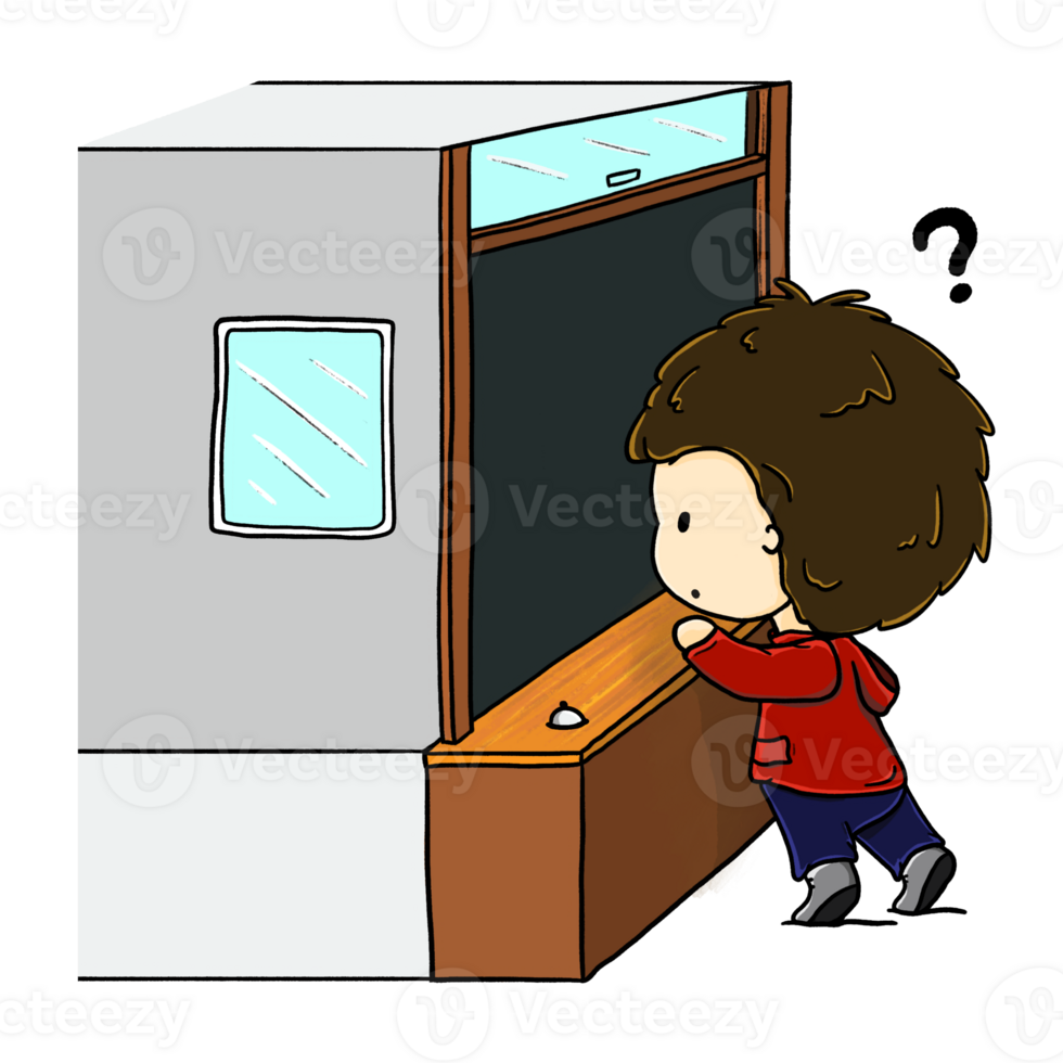 Little boy asking at counter cartoon illustration, information counter comic color drawing png