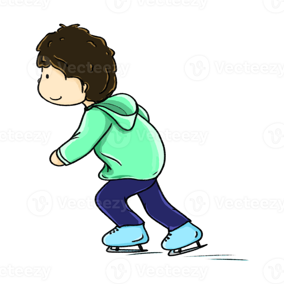 Hoodie boy ice skating in knee bending post, fast speed ice skating cartoon color illustration png