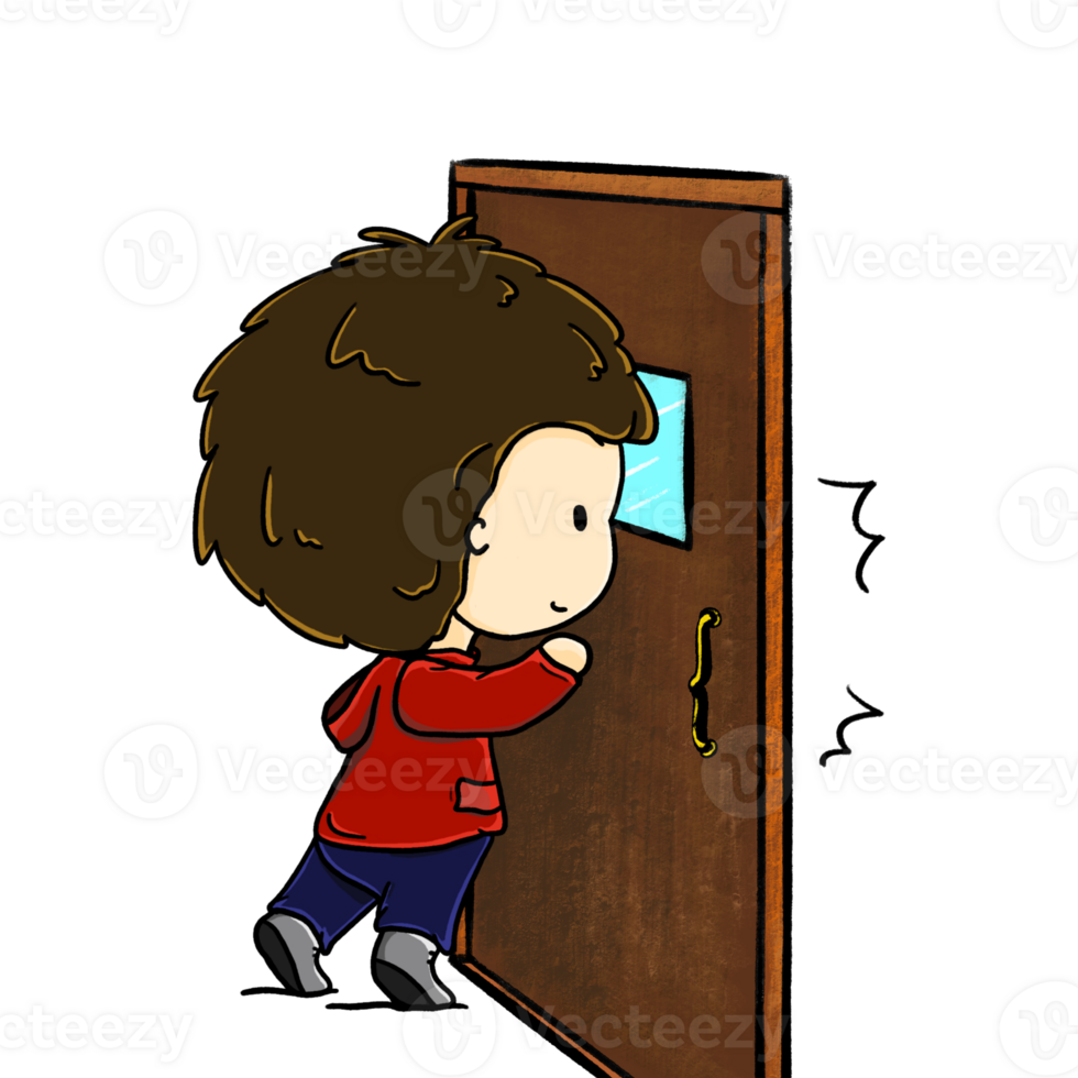 Boy tiptoes and knocks the door illustration, knocking door cartoon color drawing png