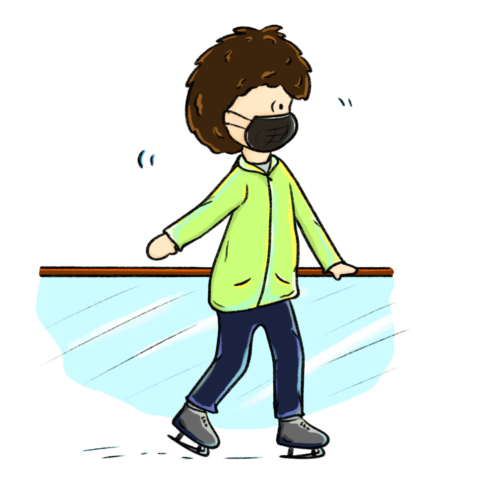 Boy ice skates slowly illustration, ice skating beginner walking on ice color drawing png