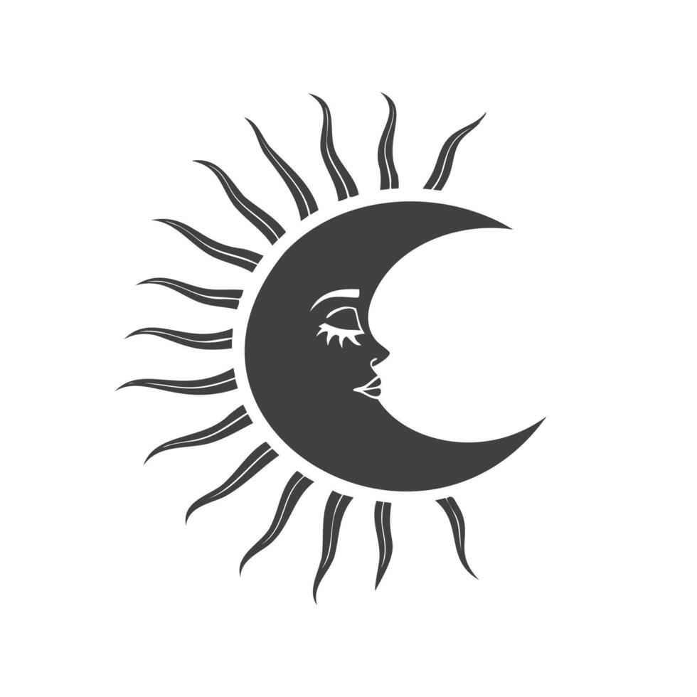 Sun and moon celestial art. Sun and moon logo concept. Black and white illustration vector