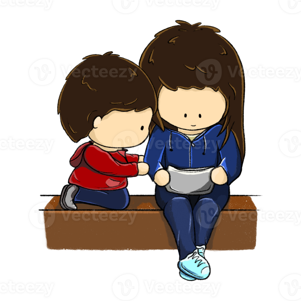 Sister and little bother playing portable game cartoon illustration, kids watching phone on bench color drawing png