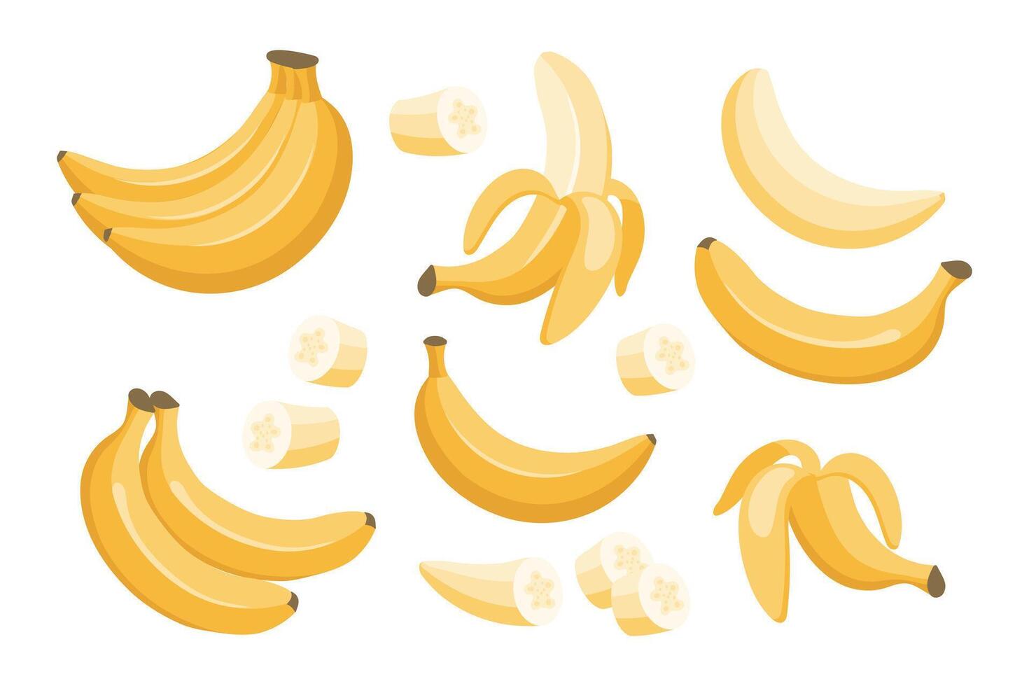 Banana set. Banana icons, half peeled and slice banana, bunch of bananas. Exotic sweet desserts.Tropical fruits illustration vector