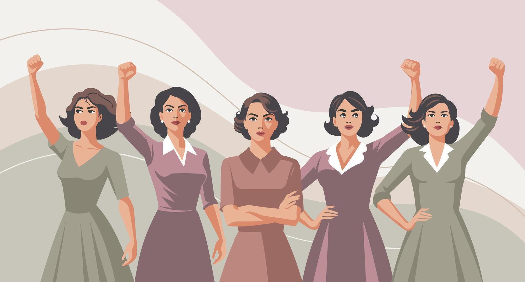 Empowered women with raised hands in protest. Feminism and equality concept. Banner, trendy illustration vector