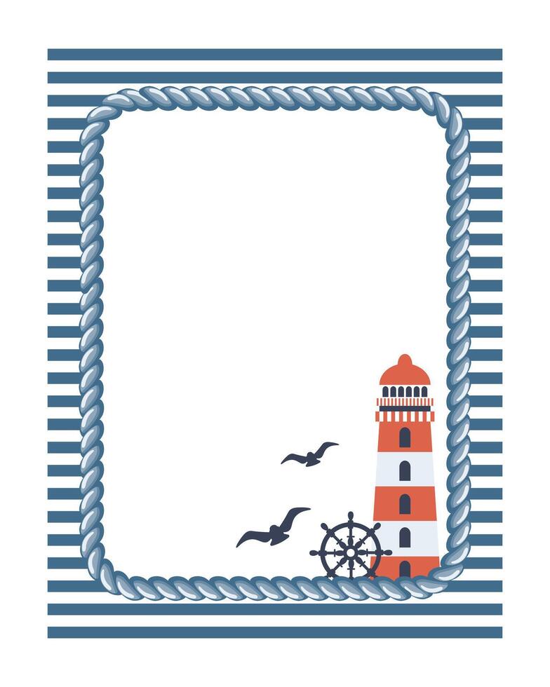 Vintage nautical frame with sea theme. Marine frame with rope, lighthouse, steering wheel. Flat illustration. vector