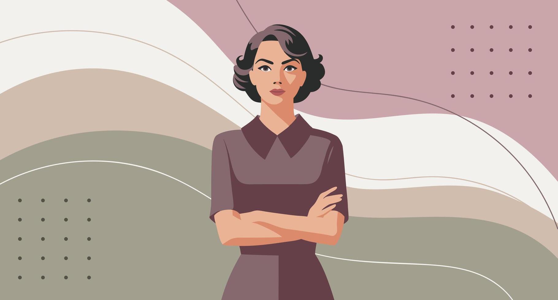 Confident woman on pastel background. Feminism and equality concept. Flat illustration in retro style vector