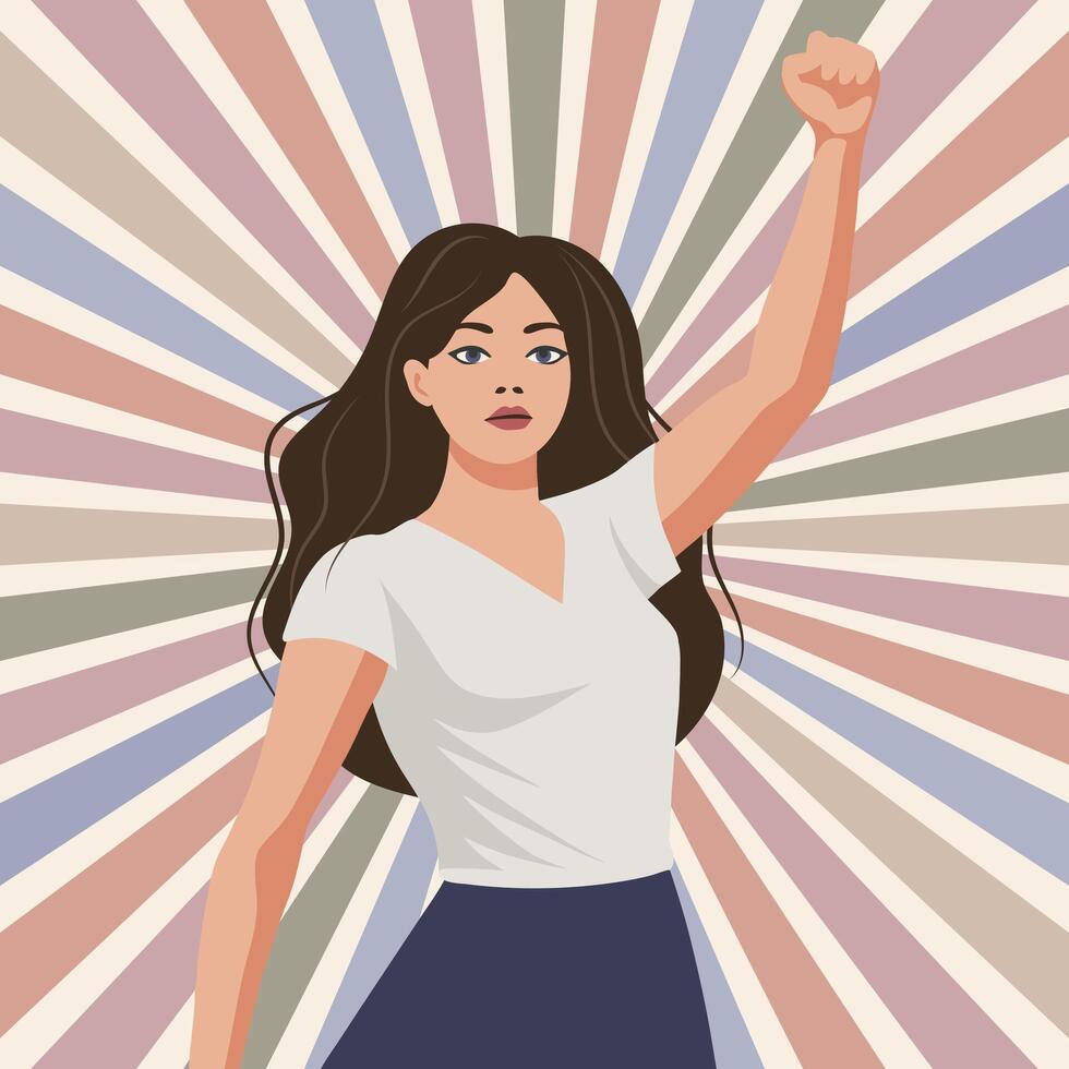 Empowered woman with raised fist on pastel sunburst background. Feminism and equality concept. Flat illustration. vector