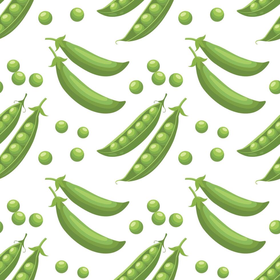 Seamless pattern with fresh green peas in pods on white background. Food background vector