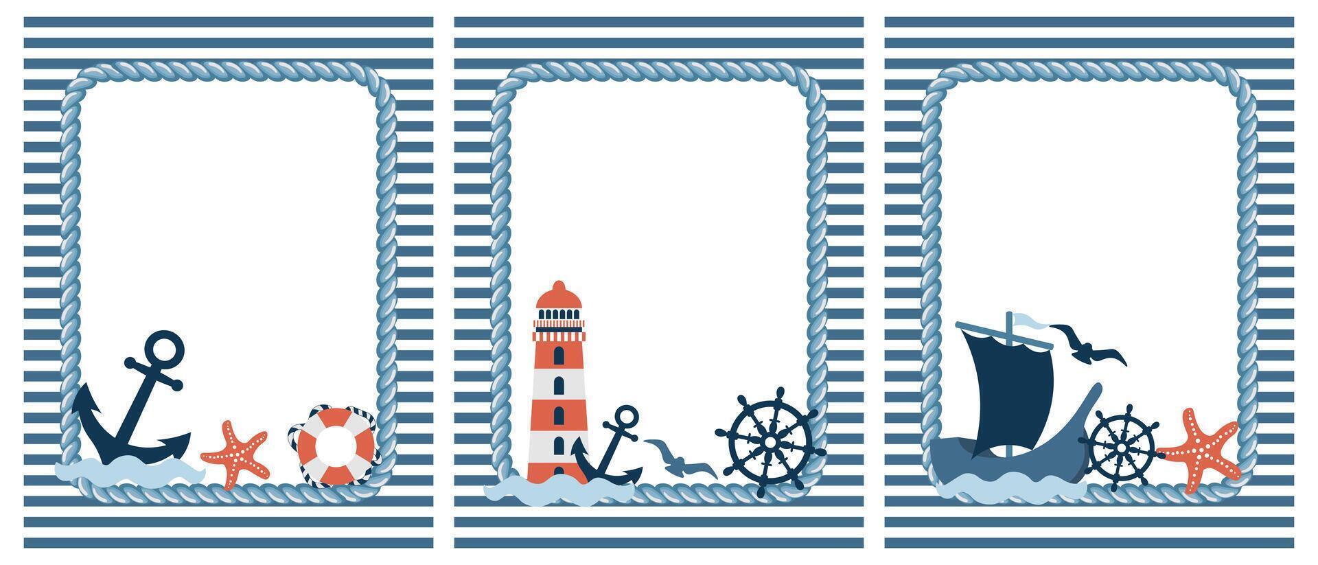 Set of marine frames with anchor, lighthouse, steering wheel, starfish and seagulls on striped background. Illustration vector