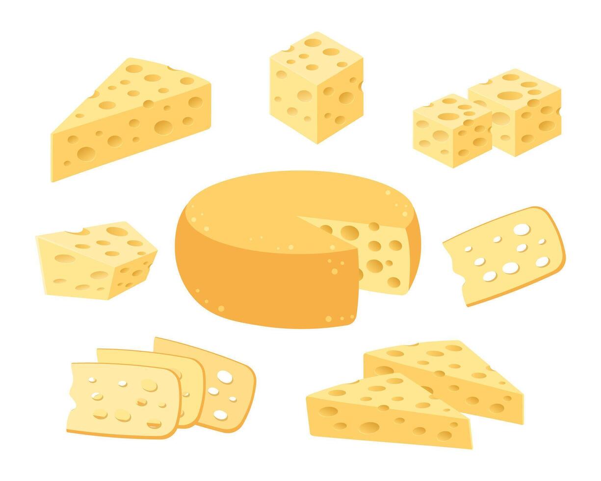 Cheese icons set. Swiss cheese wheel and slices. Cheese and pieces of cheese. Illustration vector