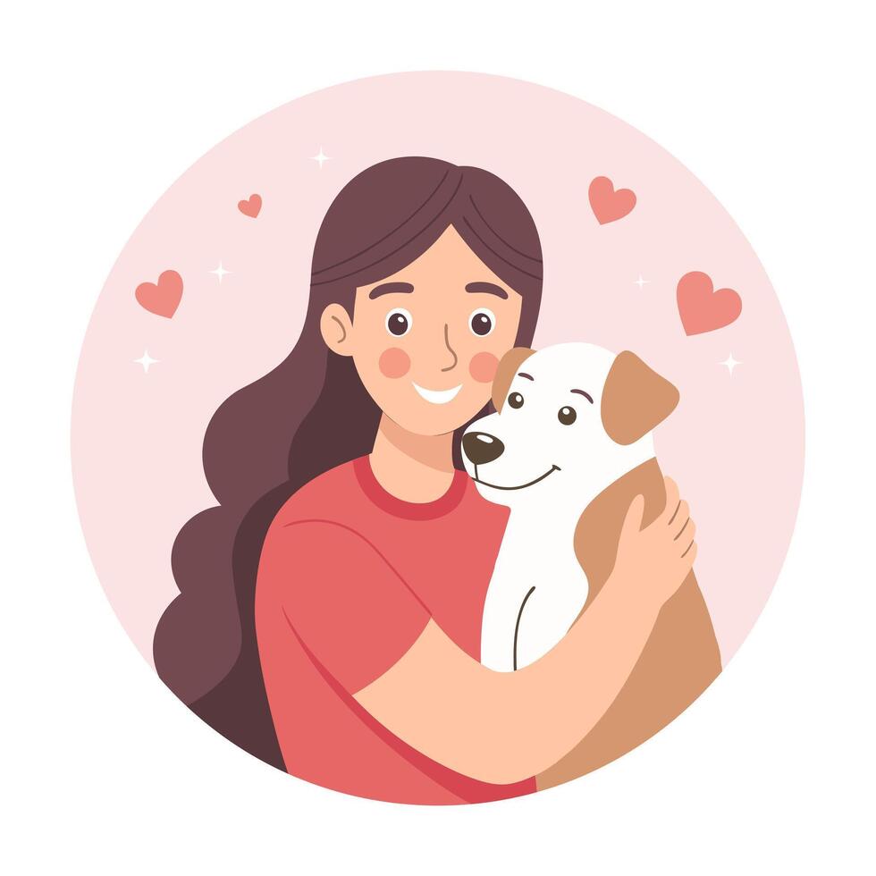 Lovely young woman hugging dog. Pet owner. Dog lover. Flat style vector