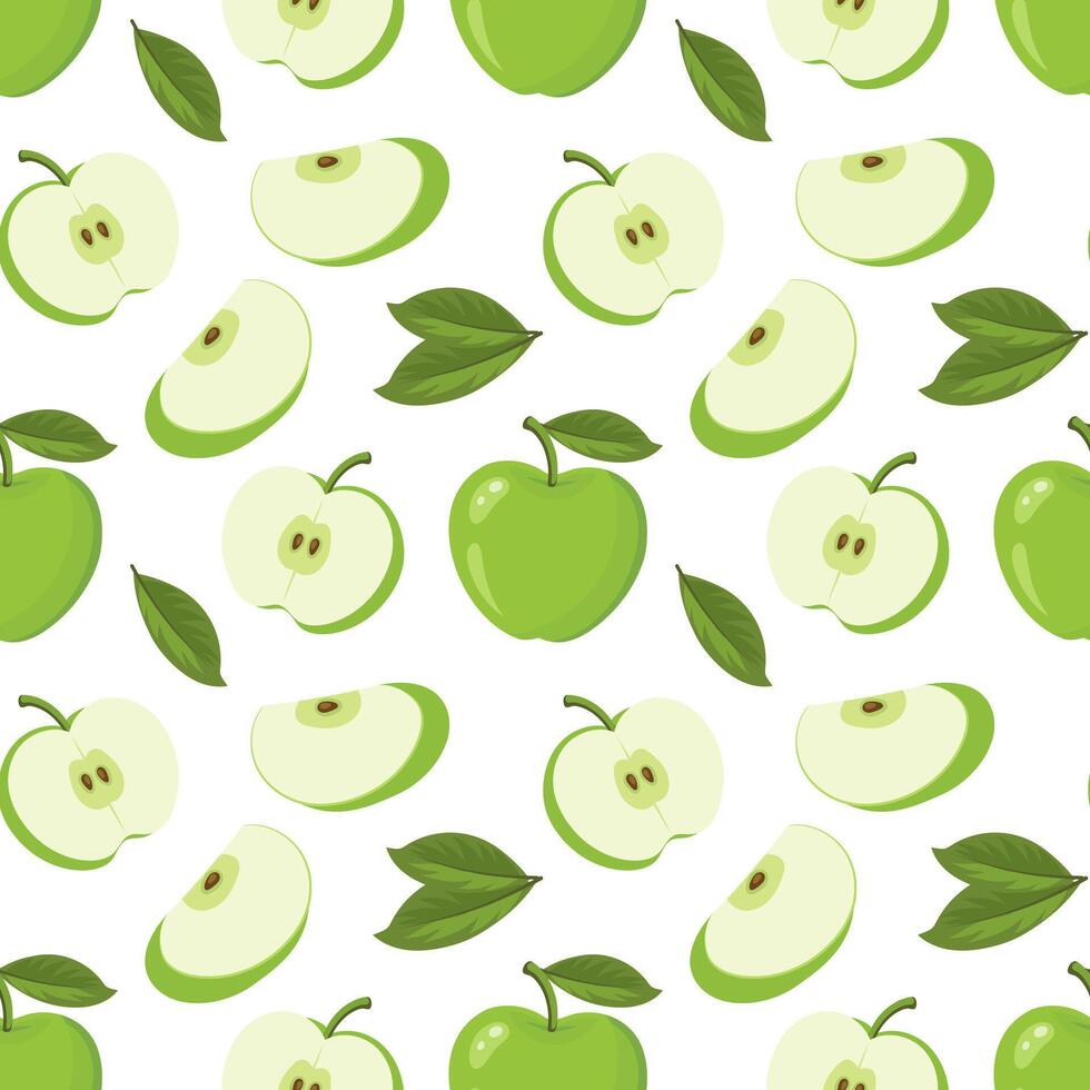 Green apples seamless pattern. Seamless pattern with apples whole and sliced. Illustration vector