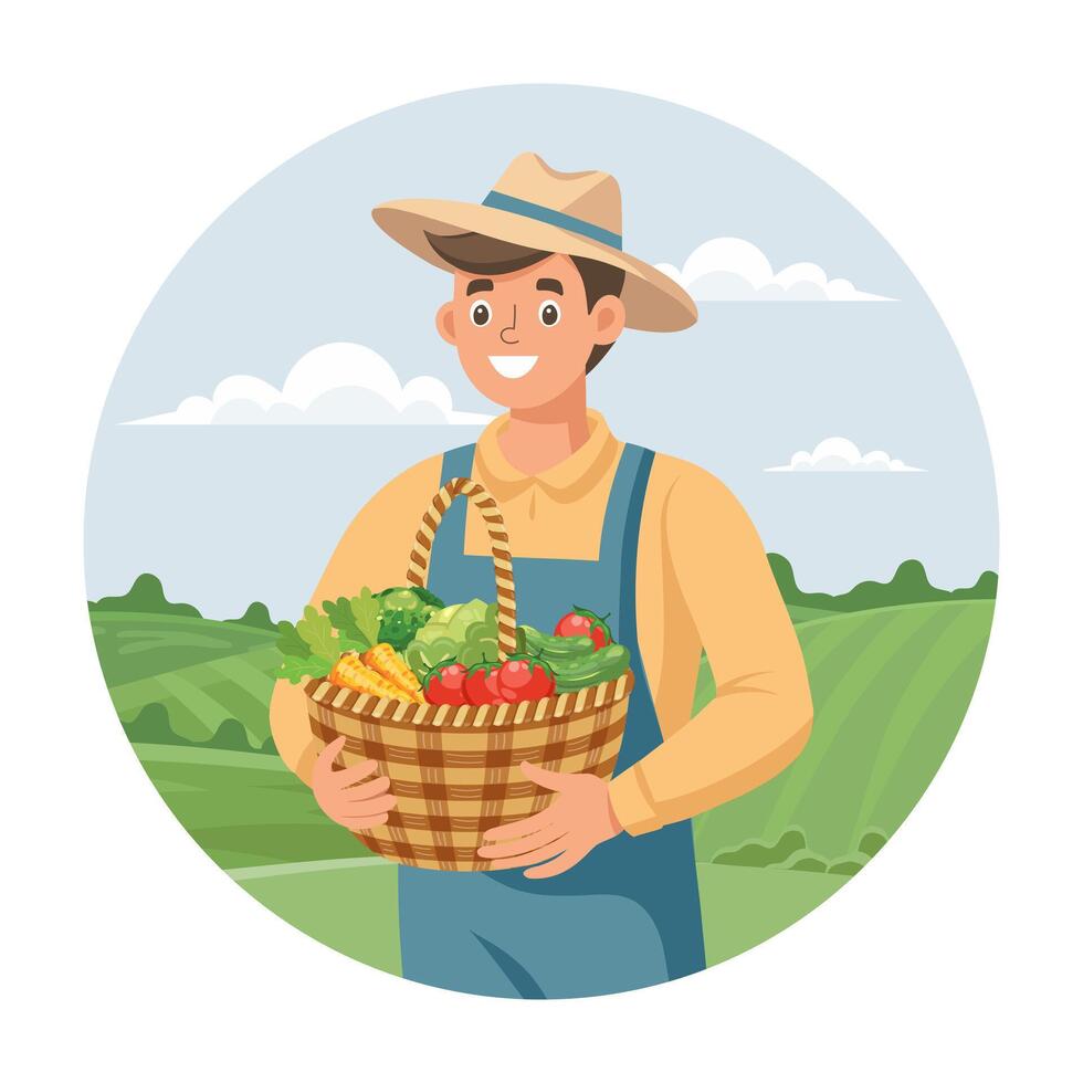 Happy farmer with a basket of fresh vegetables on a landscape background. Flat style illustration. vector