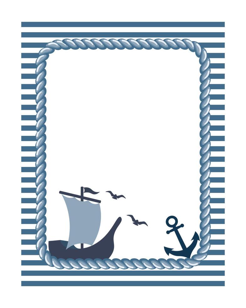 Vintage nautical frame with sea theme. Marine frame with rope, ship, anchor and seagulls. vector