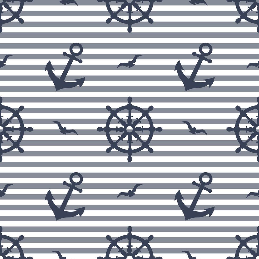 Nautical seamless pattern with anchors, seagulls, steering wheels on a striped background. Background, print vector