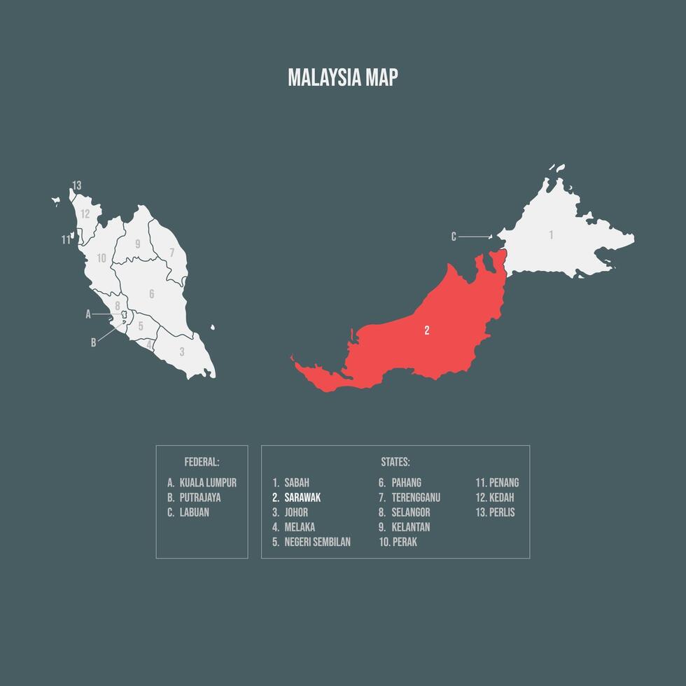 Malaysia Map with 13 States and 3 Federal Territories - Sarawak vector