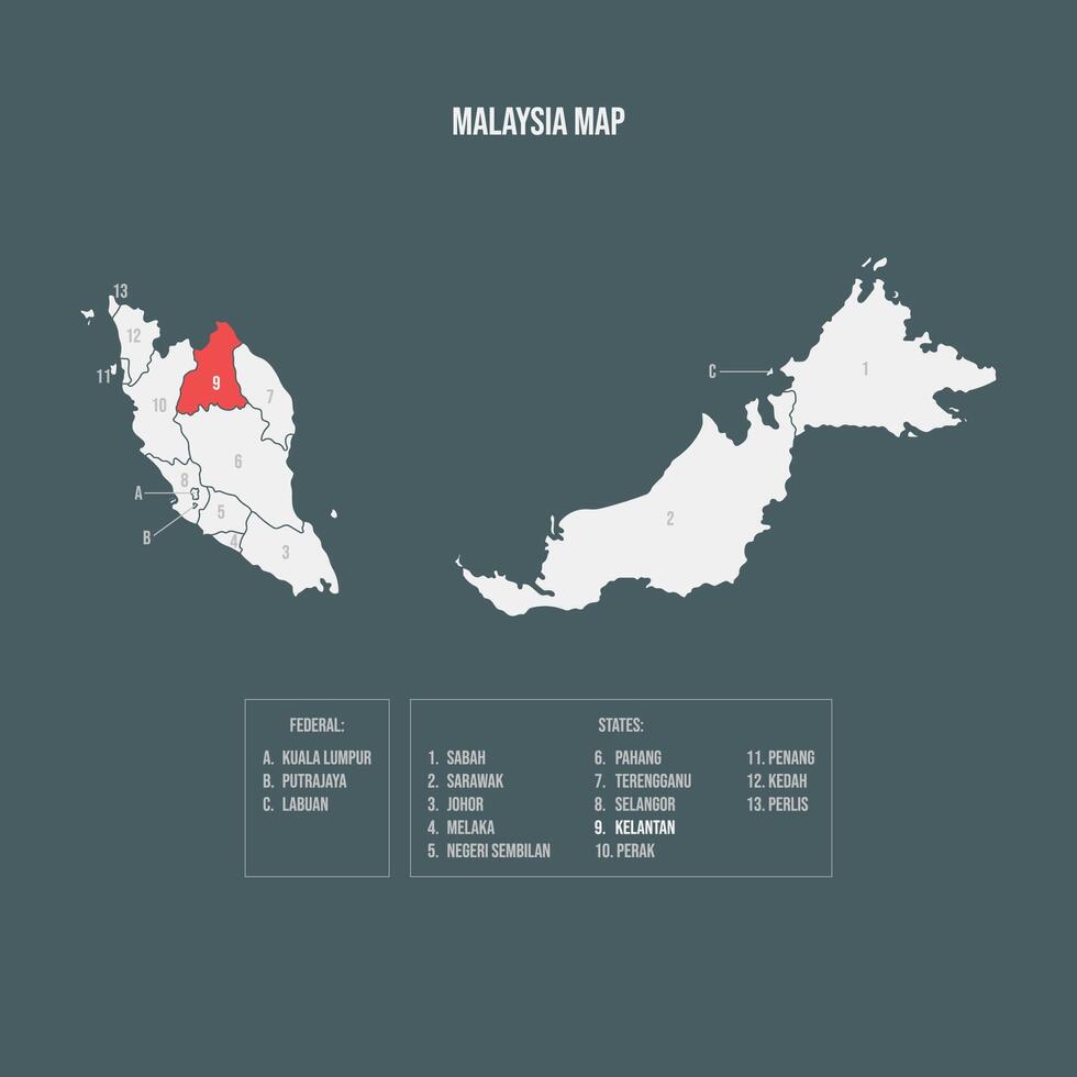 Malaysia Map with 13 States and 3 Federal Territories - Kelantan vector