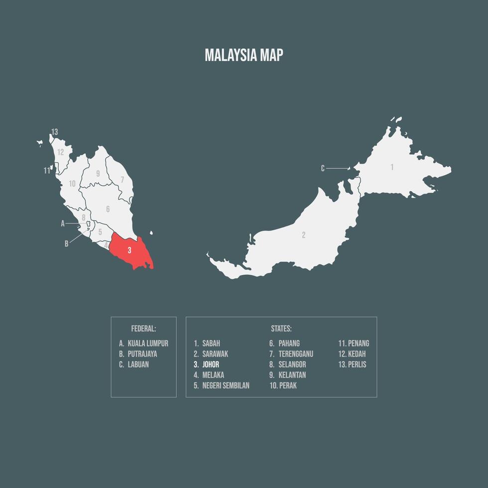 Malaysia Map with 13 States and 3 Federal Territories - Johor vector